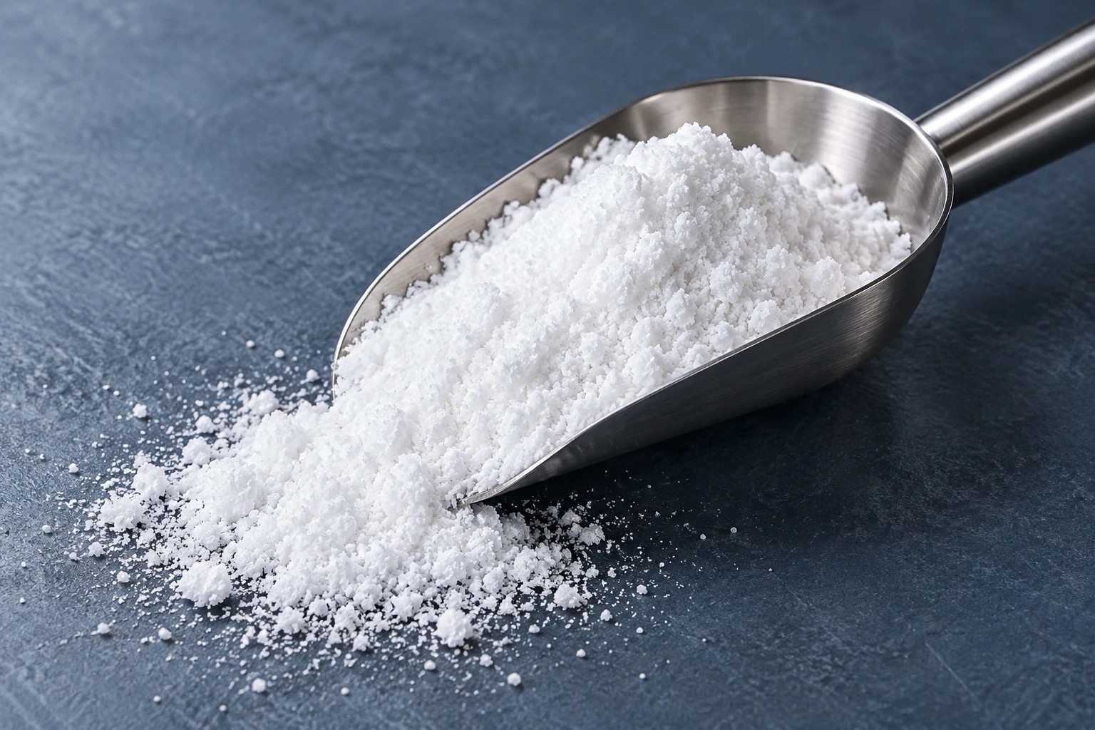 Stainless steel scoop with crystalline white ingredient powder