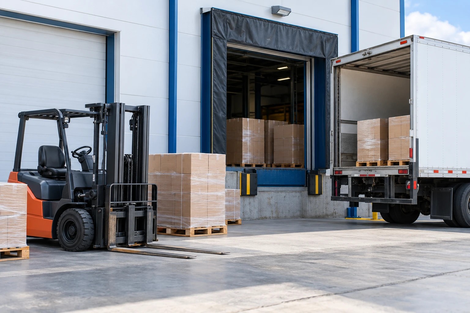 Illustrative freight loading dock with palletized materials