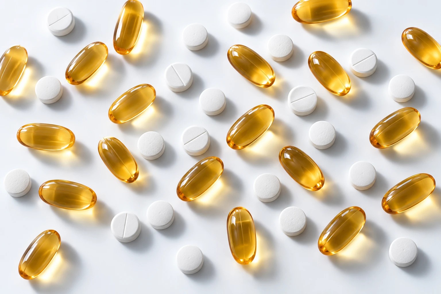 Amber softgels and white tablets arranged on a laboratory surface